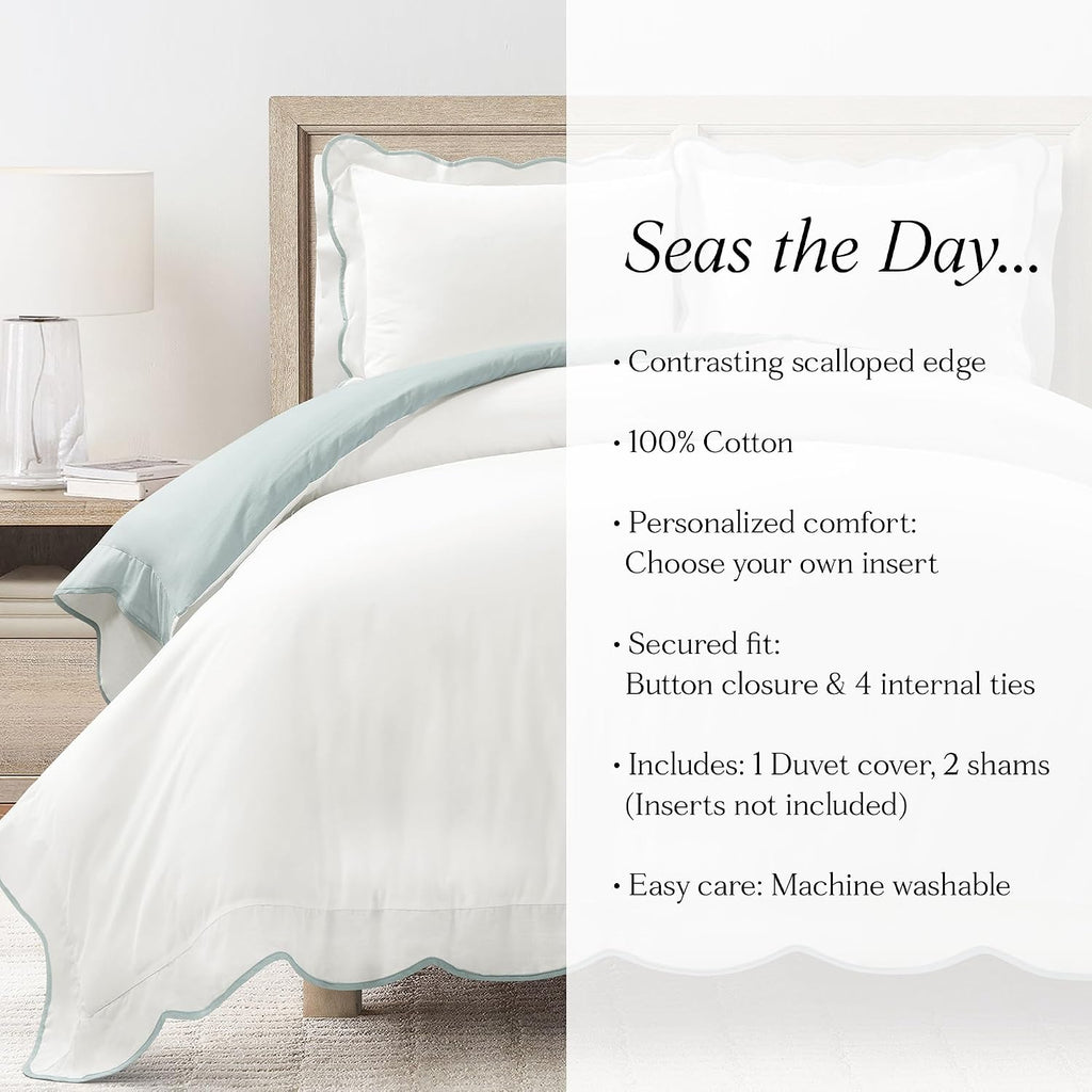 Lush Decor Coastal Chic Scalloped Edge Cotton Duvet Cover Set, 3 Piece Set, King, Blue & White - King Bedding Set - White Duvet Cover King - Coastal Decor