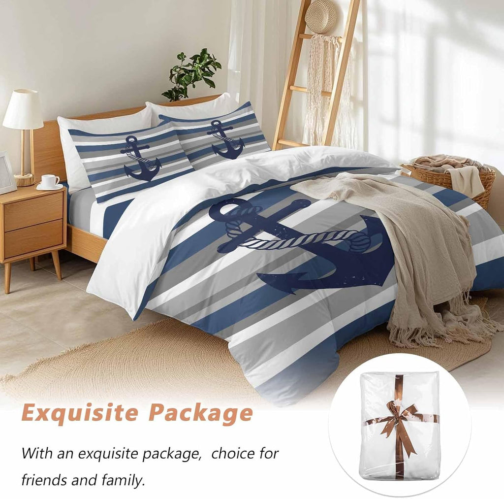 Nautical Anchor Duvet Cover Set Queen Size 4 Pieces Navy Blue Grey Stripe Modern Simplistic Striped Bedding Set with Zipper Closure, 1 Comforter Cover 90x92 Inches 1 Flat Sheet & 2 Pillow Cases