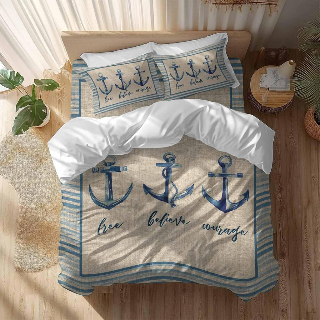 Summer Ocean Duvet Cover Set Queen Size 4 Pieces Blue Stripes Anchor Free Believe Courage Linen Bedding Set with Zipper Closure, 1 Comforter Cover 86x86 Inches 1 Flat Sheet & 2 Pillow Cases