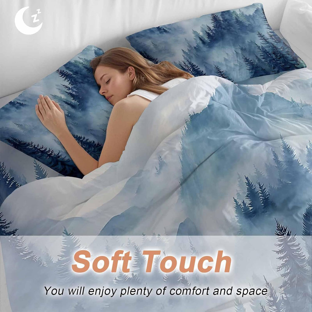 Blue Forest Mountain Duvet Cover Set Queen Size 4 Pieces Retro Watercolor Gradual Foggy Pine Tree Bedding Set with Zipper Closure, 1 Comforter Cover 90x92 Inches 1 Flat Sheet & 2 Pillow Cases