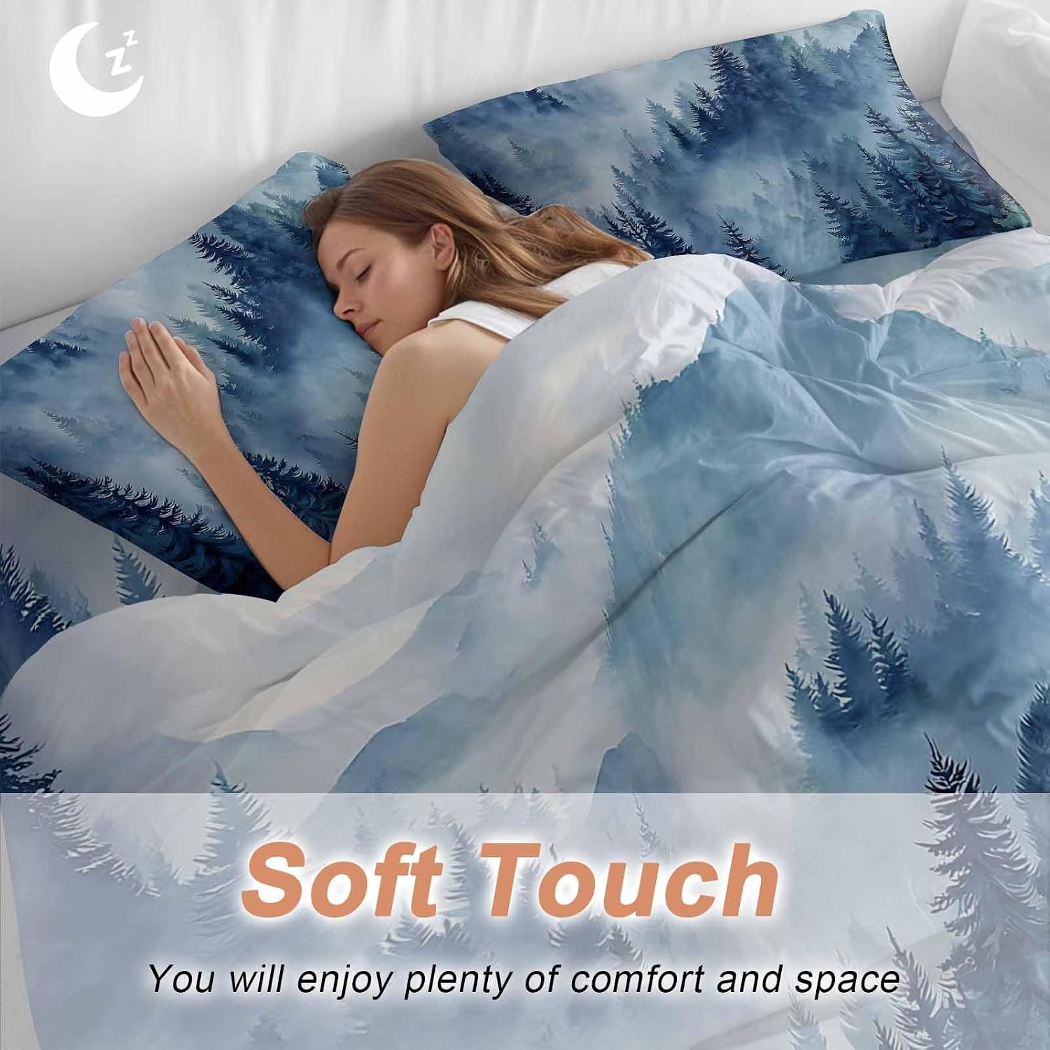 Blue Forest Mountain Duvet Cover Set Queen Size 4 Pieces Retro Watercolor Gradual Foggy Pine Tree Bedding Set with Zipper Closure, 1 Comforter Cover 90x92 Inches 1 Flat Sheet & 2 Pillow Cases