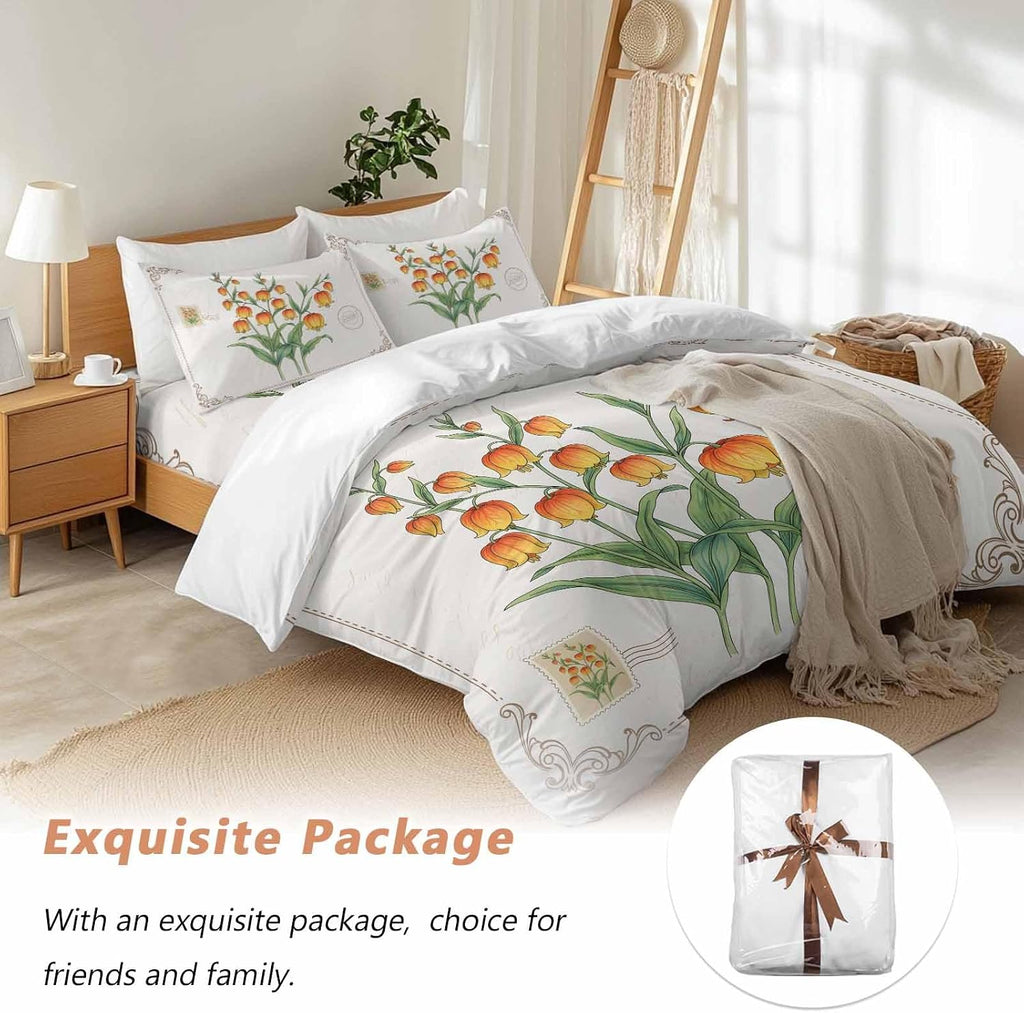 Orange Floral Duvet Cover Set Queen Size 4 Pieces Country Pastoral Watercolor Flowers Green Leaf Bedding Set with Zipper Closure, 1 Comforter Cover 90x92 Inches 1 Flat Sheet & 2 Pillow Cases
