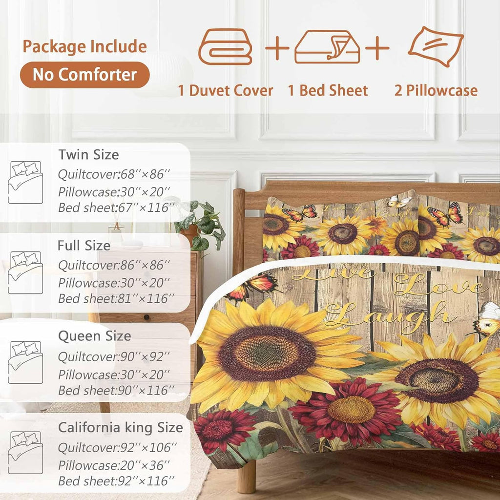 Flowers Duvet Cover Set Queen Size 4 Pieces Watercolor Yellow Sunflower Red Chrysanthemum Floral Wood Grain Bedding Set with Zipper Closure,1 Comforter Cover 86x86 Inches 1 Flat Sheet & 2 Pillow Cases