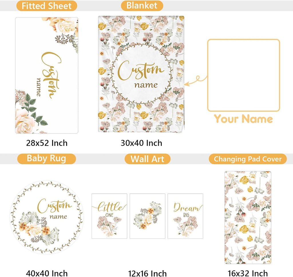 Terwex Personalized Baby Crib Bedding Set, 5 Pcs Custom Name Nursery Bedding Set, Yellow Flower Baby Bedding Set for Girl Boy, Double Layer Baby Crib Sets, Customized Gifts for Toddlers Kids Infants