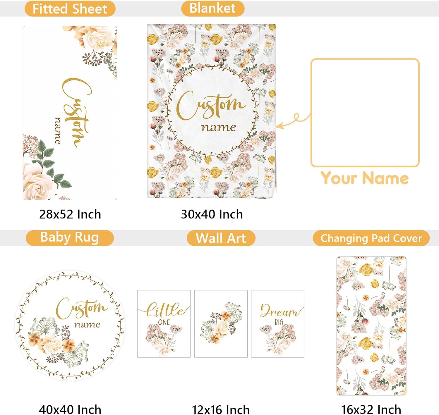Terwex Personalized Baby Crib Bedding Set, 5 Pcs Custom Name Nursery Bedding Set, Yellow Flower Baby Bedding Set for Girl Boy, Double Layer Baby Crib Sets, Customized Gifts for Toddlers Kids Infants