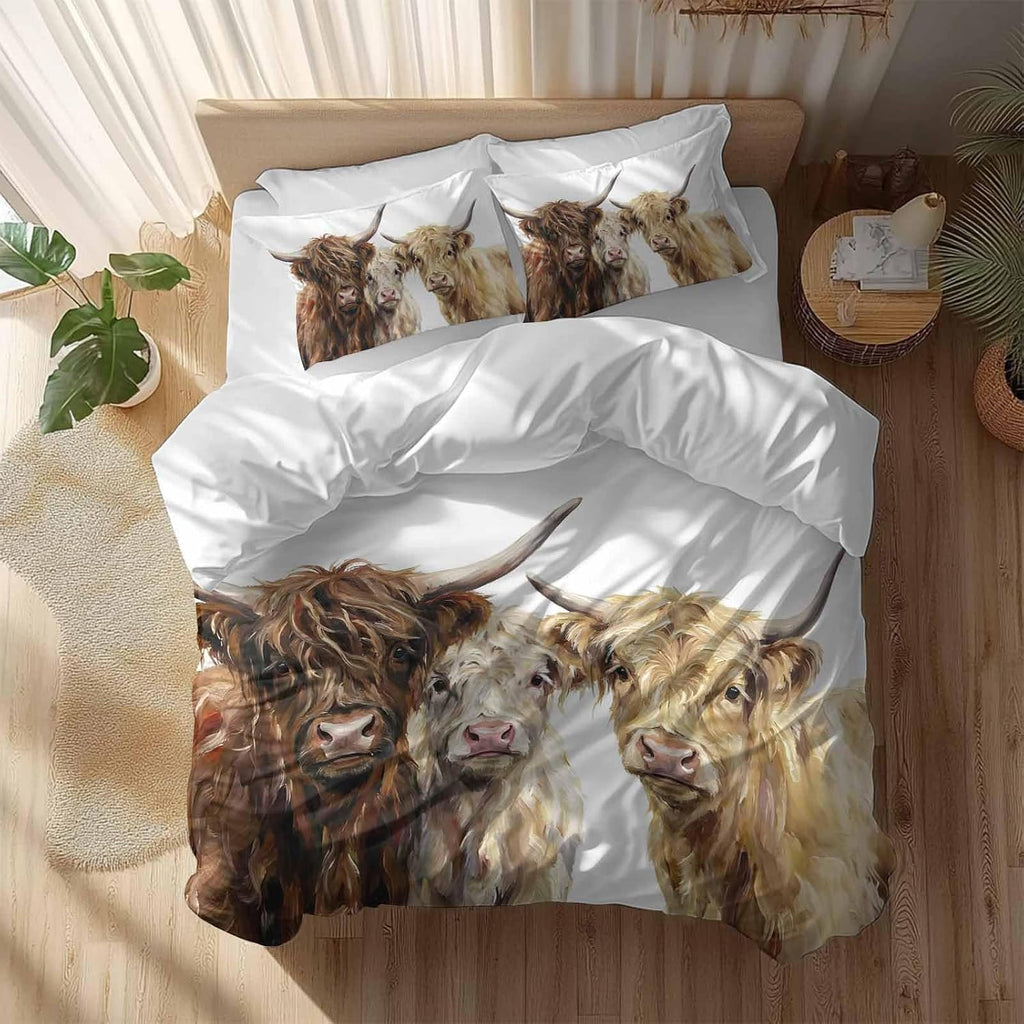 Prime Leader Farm Highland Cattles Duvet Cover Set Queen Size 4 Pieces Farmhouse Brown Cow Rustic Country Bedding Set with Zipper Closure, 1 Comforter Cover 90x92 Inches 1 Flat Sheet & 2 Pillow Cases