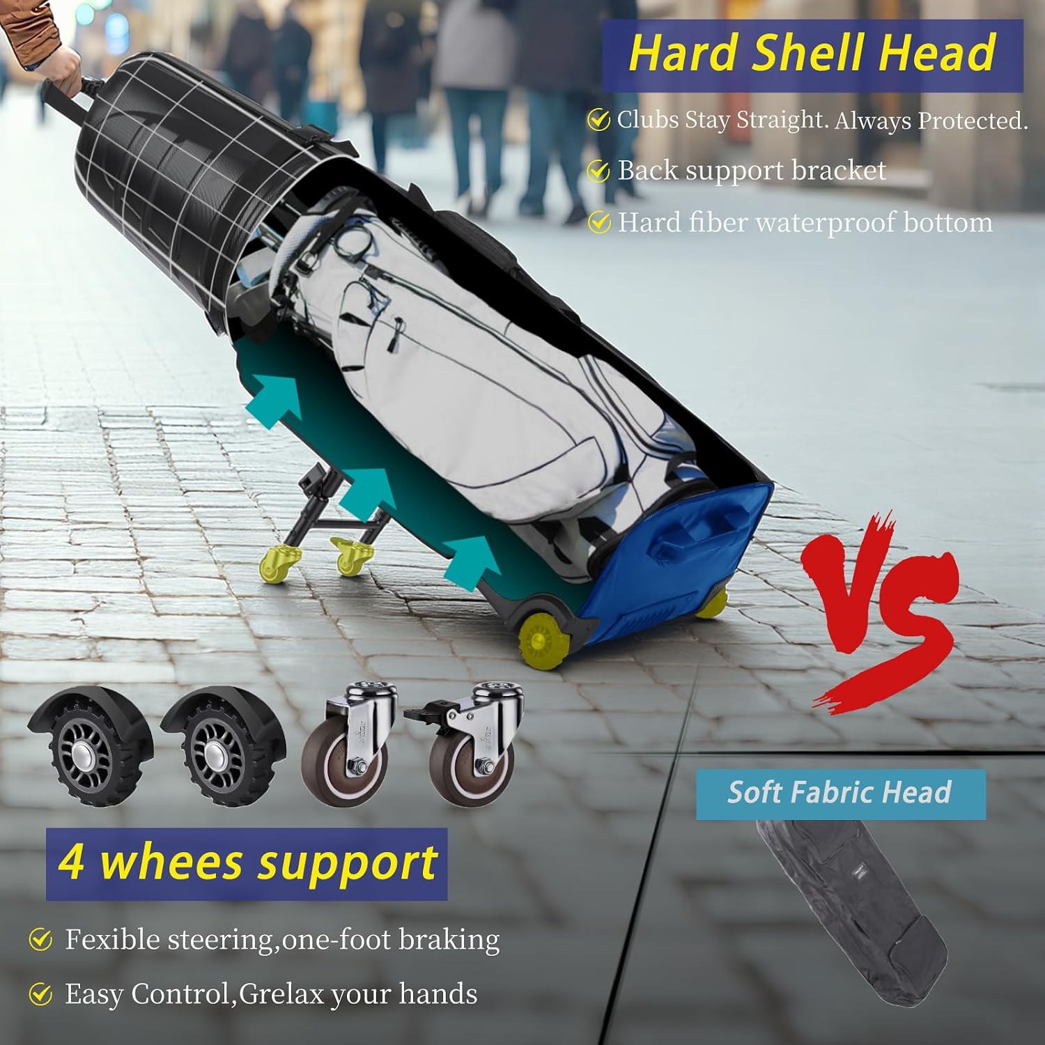 JANUS Golf Travel Bag Hard Case with Foldable Support Legs, Hands-Free Golf Club Travel Bag with 360° Spinner Wheels, ABS Hard Shell, Foldable Design for Airline Travel