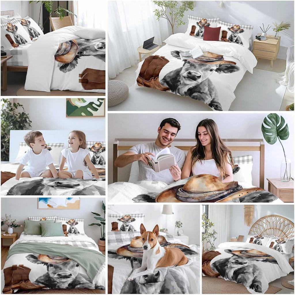 Farmhouse Cow Duvet Cover Set Queen Size 4 Pieces Grey Animal with Cowboy Hats Western Boots Plaid Bedding Set with Zipper Closure, 1 Comforter Cover 90x92 Inches 1 Flat Sheet & 2 Pillow Cases