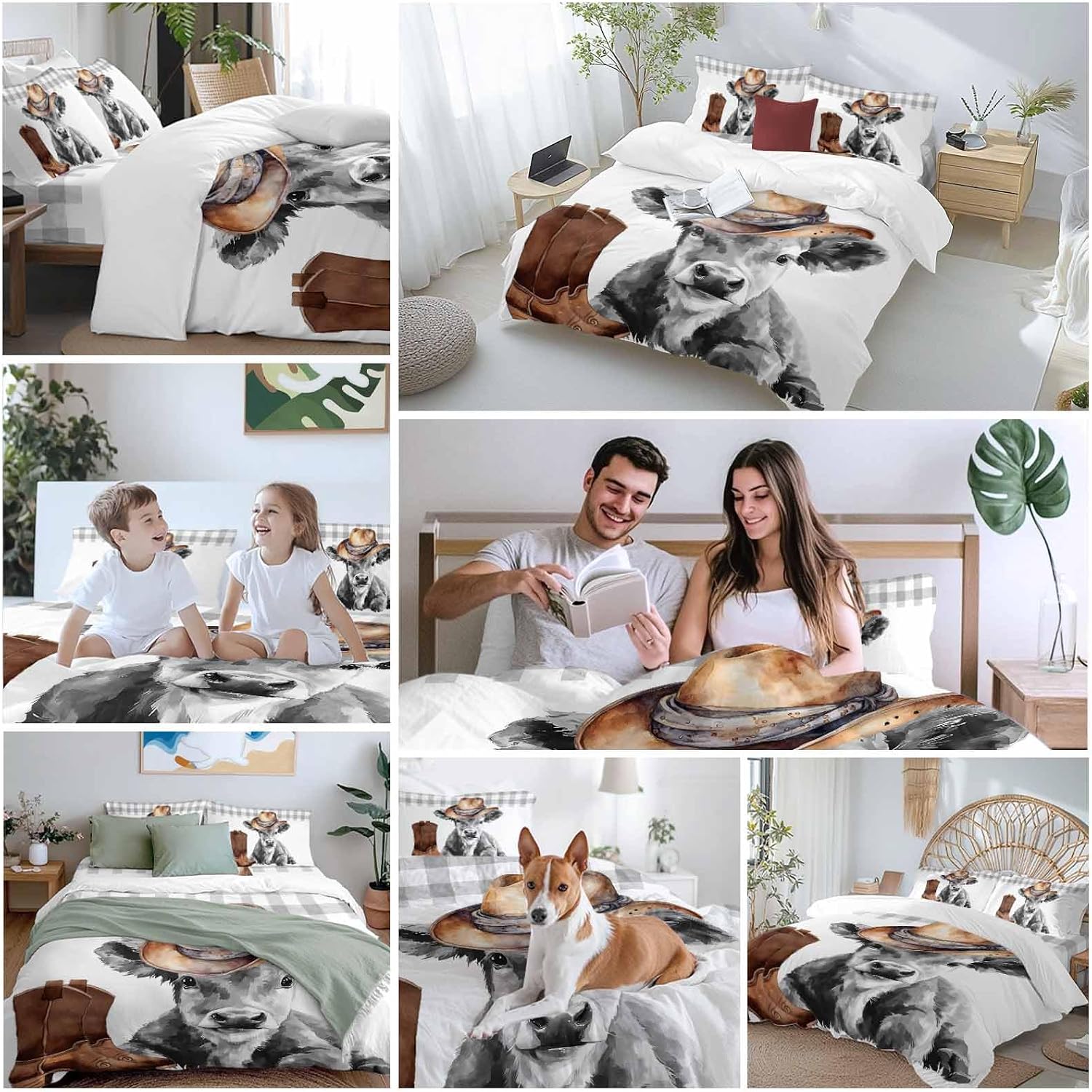 Farmhouse Cow Duvet Cover Set Queen Size 4 Pieces Grey Animal with Cowboy Hats Western Boots Plaid Bedding Set with Zipper Closure, 1 Comforter Cover 90x92 Inches 1 Flat Sheet & 2 Pillow Cases