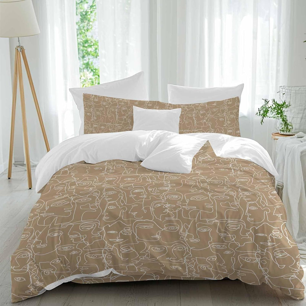 Brown Modern Art Duvet Cover Set Queen Size 4 Pieces White Abstract Line Human Face Minimalist Bedding Set with Zipper Closure, 1 Comforter Cover 92x106 Inches 1 Flat Sheet & 2 Pillow Cases