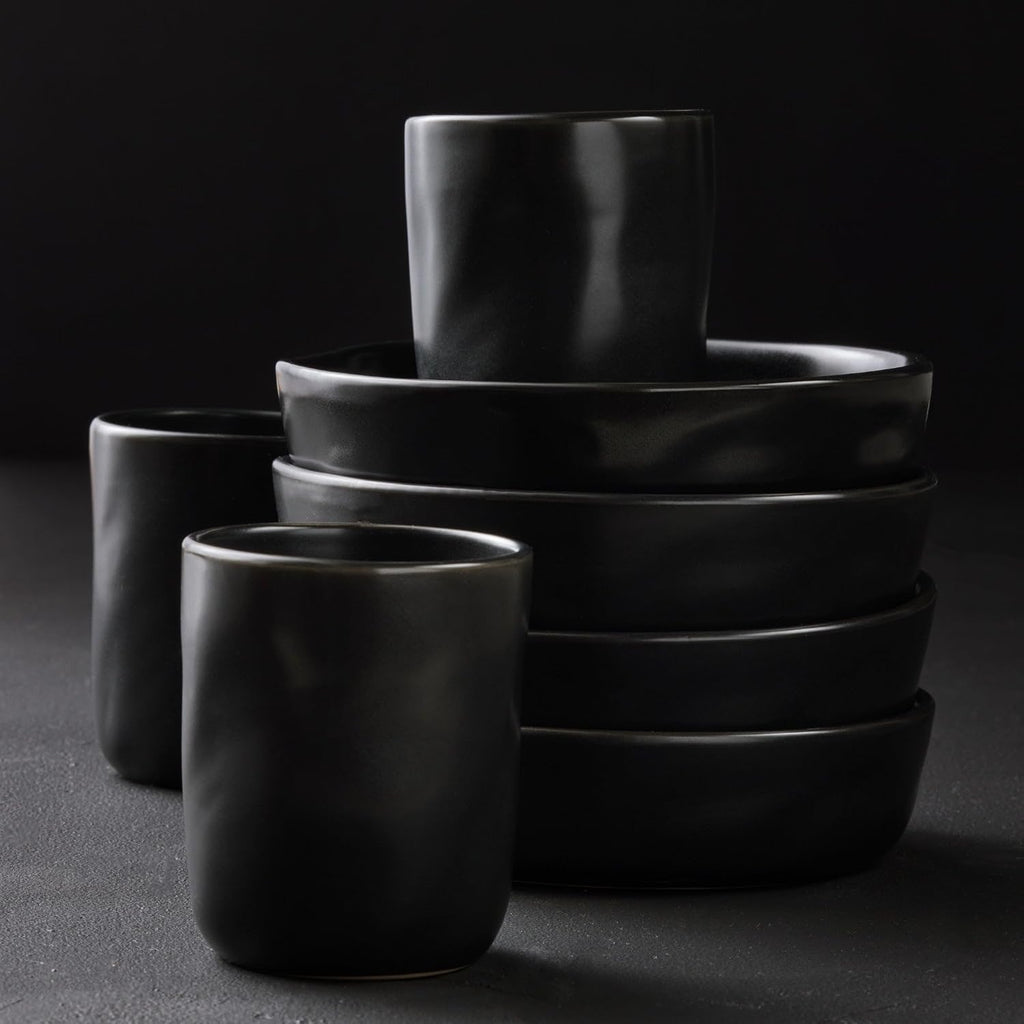 Stone by Mercer Project HEKONDA Modern Stoneware 32-Piece Dinnerware Set, Plate and Bowl Set, Dish Set for 8, Black
