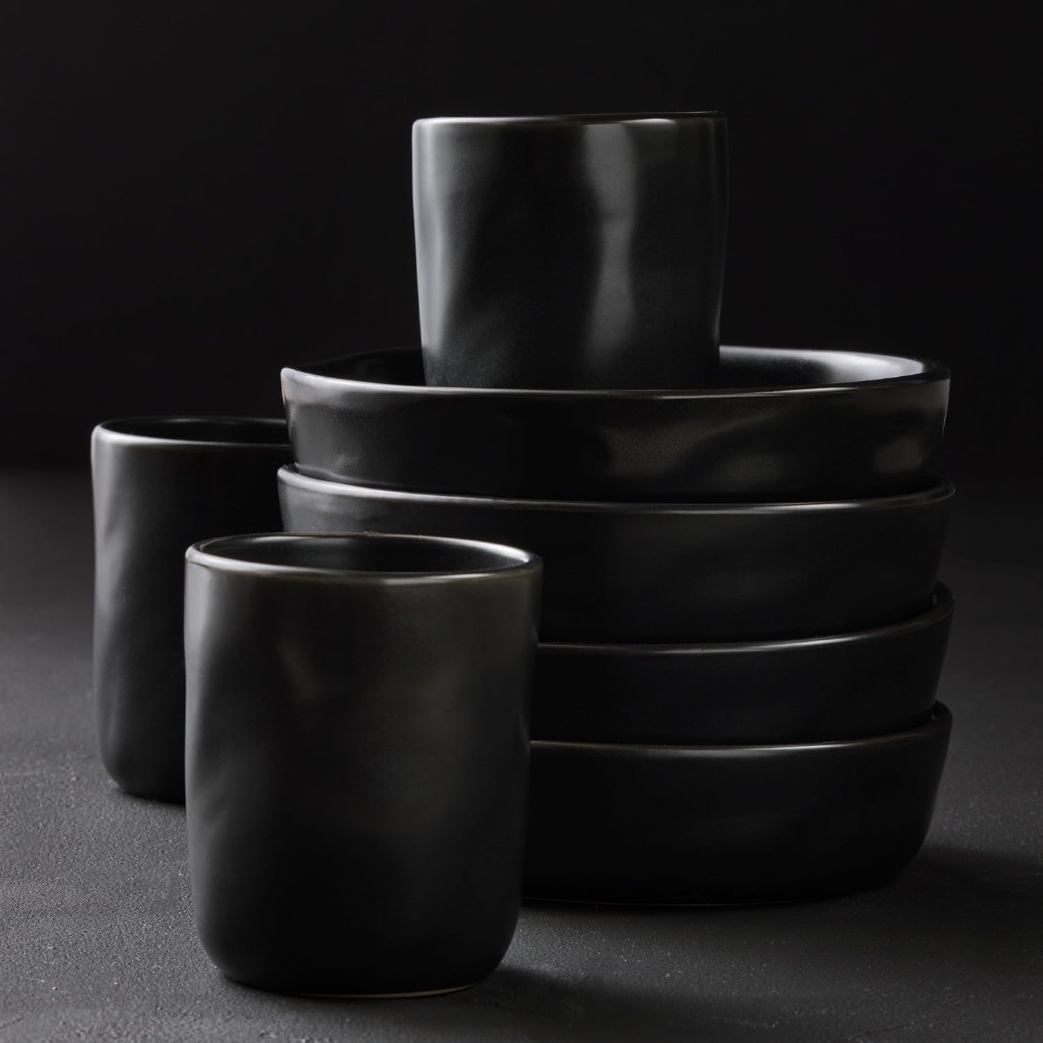 Stone by Mercer Project HEKONDA Modern Stoneware 32-Piece Dinnerware Set, Plate and Bowl Set, Dish Set for 8, Black