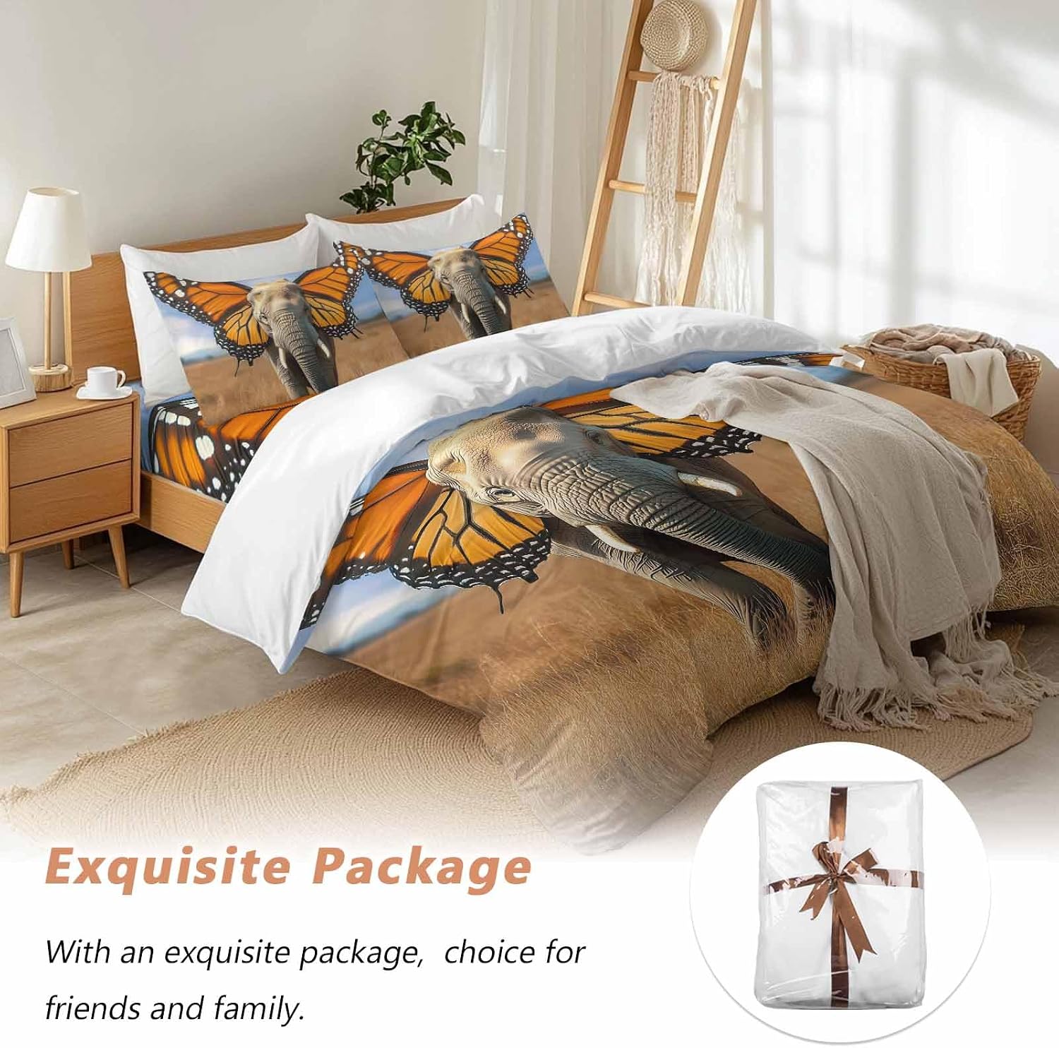 Prime Leader Funny Elephant Duvet Cover Set Queen Size 4 Pieces Elephant with Butterfly Ears Grassland Bedding Set with Zipper Closure, 1 Comforter Cover 86x86 Inches 1 Flat Sheet & 2 Pillow Cases