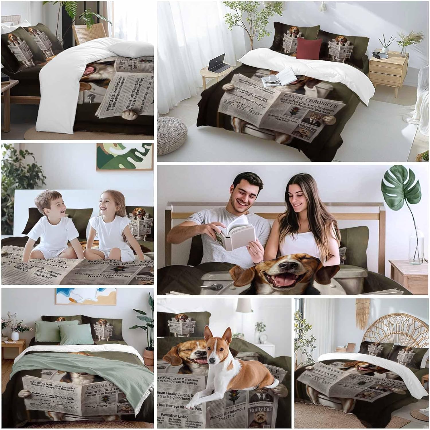Prime Leader Funny Dog Puppy Duvet Cover Set Queen Size 4 Pieces Cute Beagle Cartoon Newspaper Toilet Bedding Set with Zipper Closure, 1 Comforter Cover 86x86 Inches 1 Flat Sheet & 2 Pillow Cases