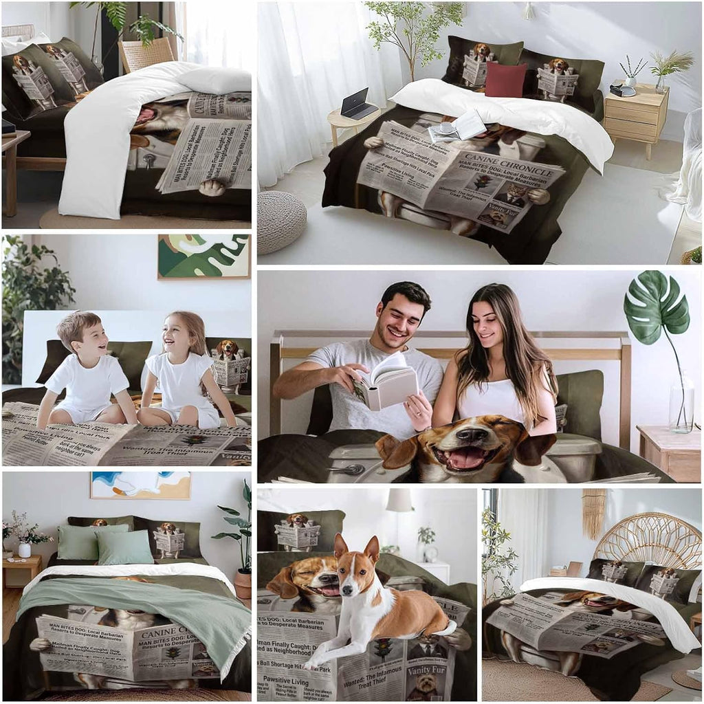 Prime Leader Funny Dog Puppy Duvet Cover Set Queen Size 4 Pieces Cute Beagle Cartoon Newspaper Toilet Bedding Set with Zipper Closure, 1 Comforter Cover 90x92 Inches 1 Flat Sheet & 2 Pillow Cases