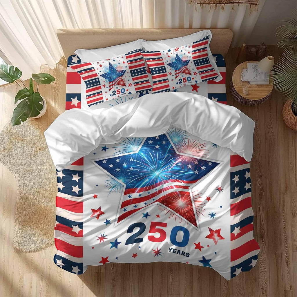 Independence Day Duvet Cover Set Queen Size 4 Pieces 250th Years US Flag Red Blue Star Fireworks Bedding Set with Zipper Closure, 1 Comforter Cover 92x106 Inches 1 Flat Sheet & 2 Pillow Cases