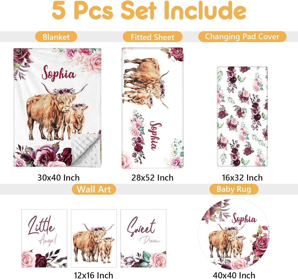 Terwex Custom Baby Crib Bedding Set, 5 Pcs Personalized Name Baby Crib Sets for Infant Toddler, Purple Highland Cow Nursery Bedding Set for Baby Girls, Double Layer Baby Bedding Sets Customized Gifts