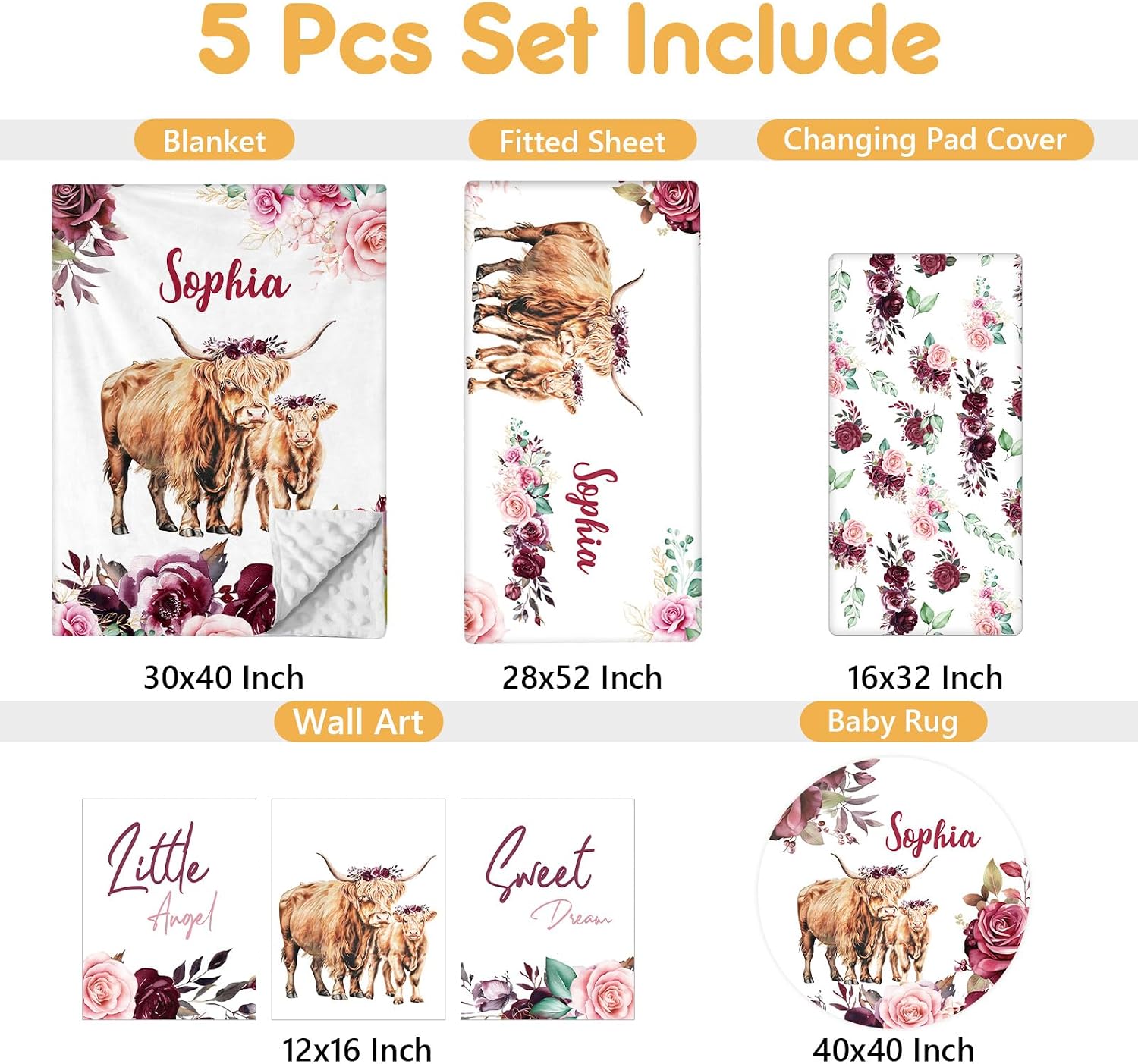 Terwex Custom Baby Crib Bedding Set, 5 Pcs Personalized Name Baby Crib Sets for Infant Toddler, Purple Highland Cow Nursery Bedding Set for Baby Girls, Double Layer Baby Bedding Sets Customized Gifts
