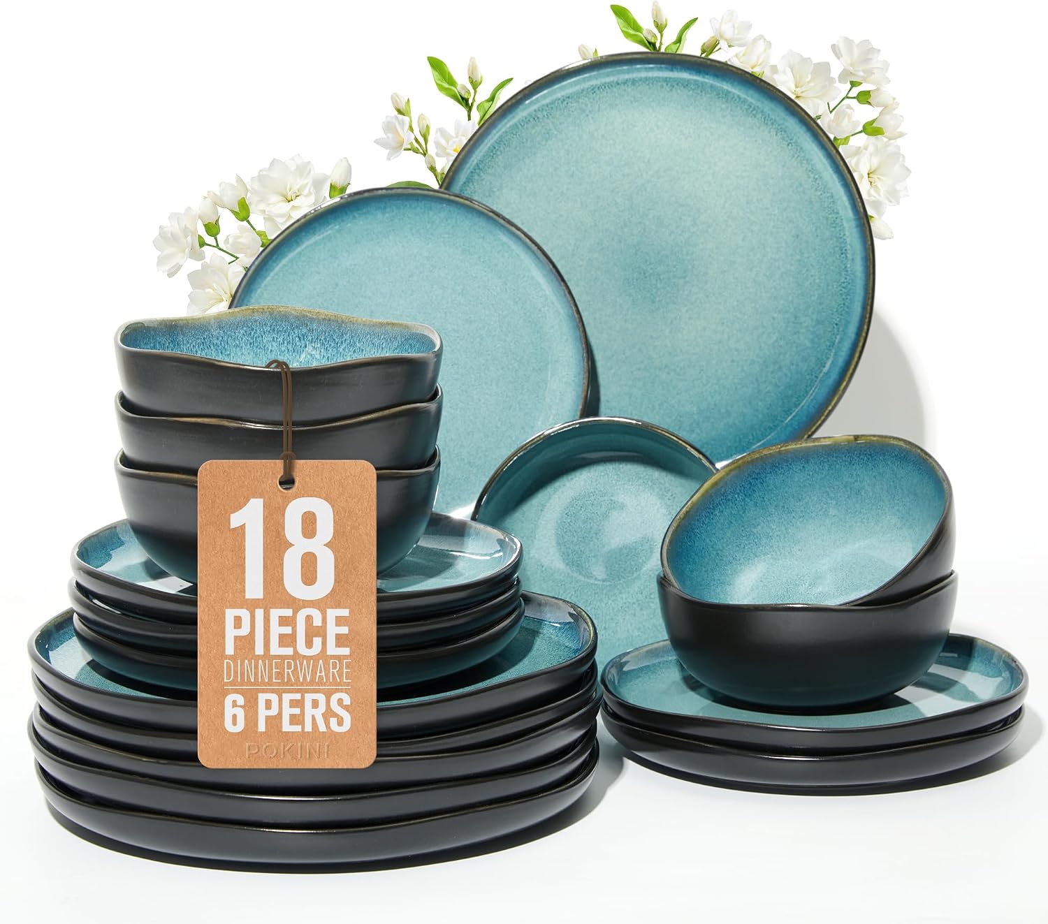 Pokini 18 Piece Dinnerware Sets for 6, Green Black Reactive Glaze Stoneware | Irregular Artisan Style for Family Dinners, Weekend Gatherings | Scratch‑Resistant, Microwave & Dishwasher Safe