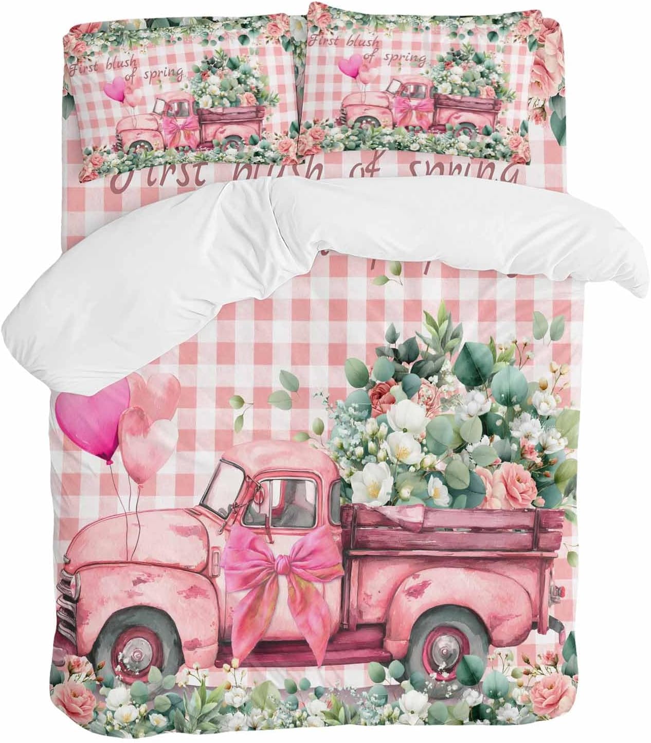 Prime Leader Pink Truck Flowers Duvet Cover Set Queen Size 4 Pieces Spring Rose Green Leaf Pink Plaid Bedding Set with Zipper Closure, 1 Comforter Cover 90x92 Inches 1 Flat Sheet & 2 Pillow Cases