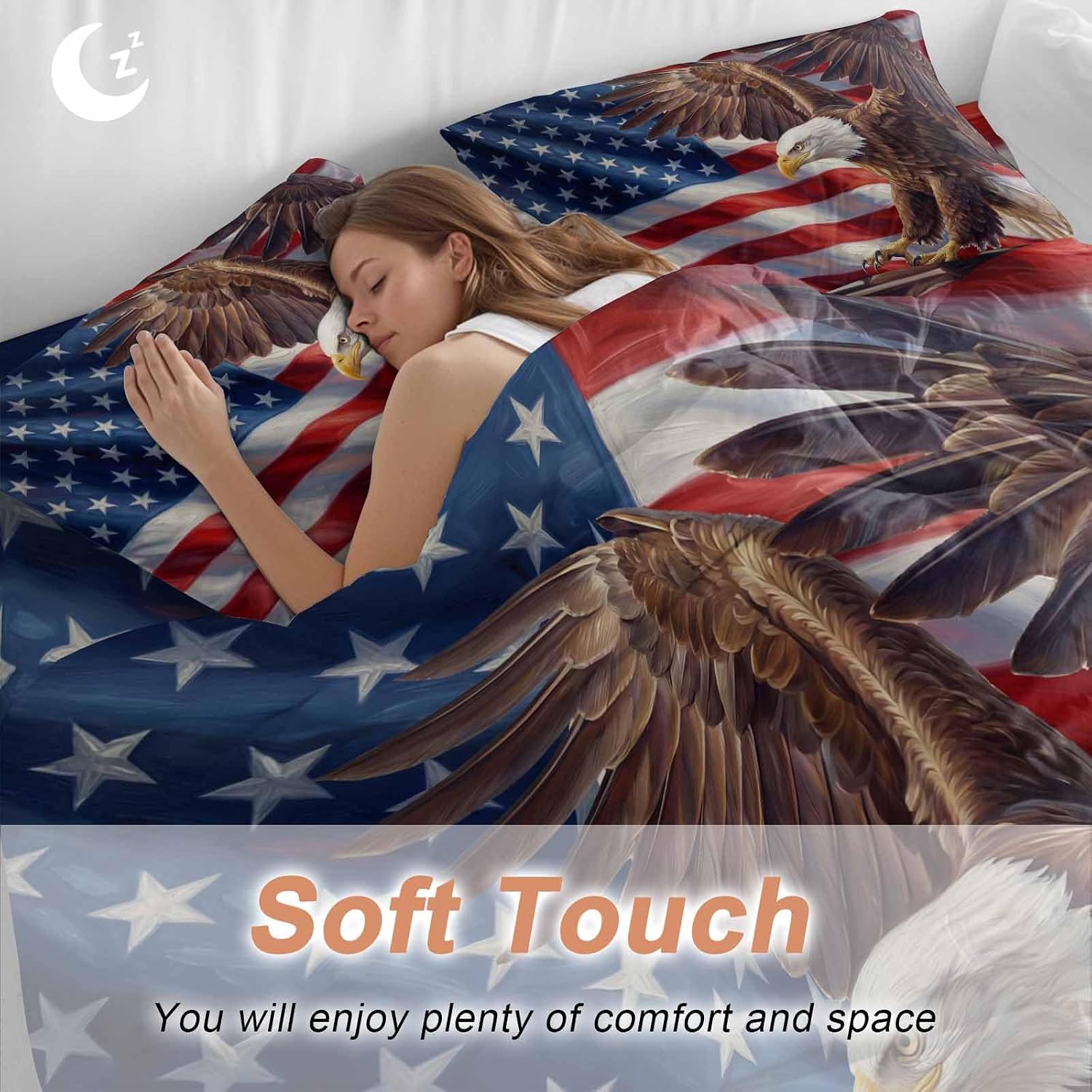Independence Day Duvet Cover Set Queen Size 4 Pieces Watercolor U. S. Flag Soaring Bald Eagle Bedding Set with Zipper Closure, 1 Comforter Cover 86x86 Inches 1 Flat Sheet & 2 Pillow Cases