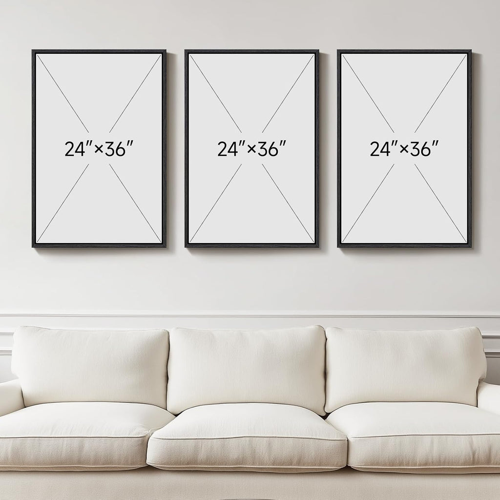 Large Framed Boho Floral Wall Art for Living Room, 3 Piece Mid-Century Modern Abstract Botanical Canvas Painting Prints Artwork for Walls, Black and White Flowers for Bedroom Hallway Office, 24x36