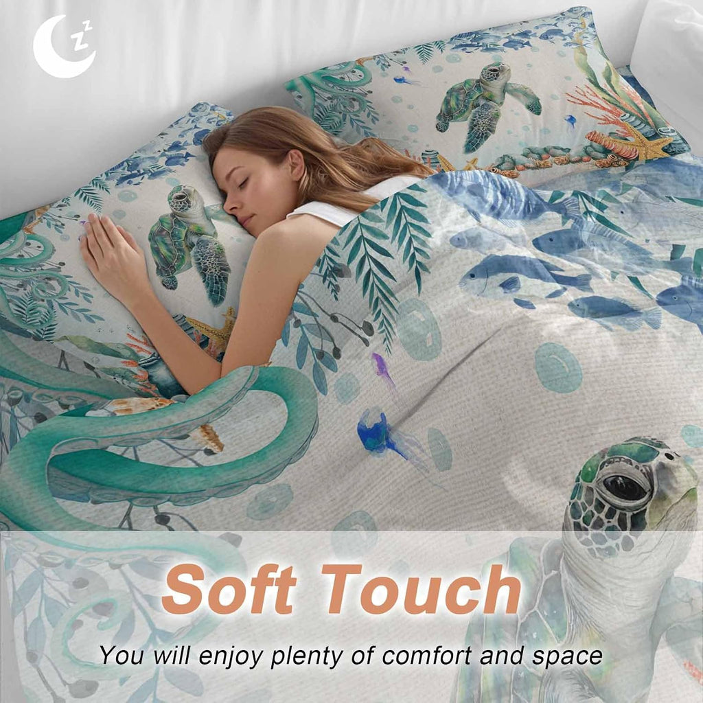 Summer Ocean Turtle Duvet Cover Set Queen Size 4 Pieces Nautical Colorful Sea Fish Octopus Coral Linen Bedding Set with Zipper Closure, 1 Comforter Cover 90x92 Inches 1 Flat Sheet & 2 Pillow Cases