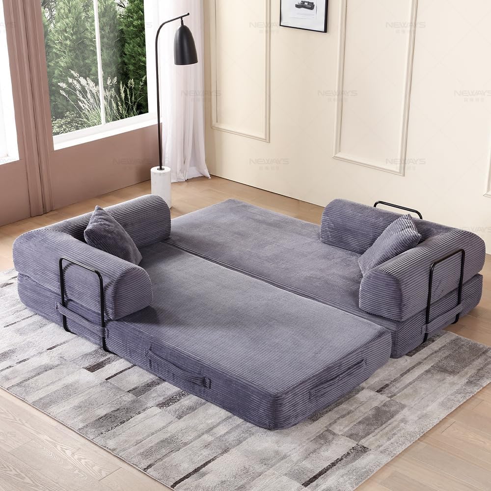 WILLIAMSPACE 77.9' Modern Loveseat Sofa Fold-Out Sofa Bed, Convertible Chair Floor Couch with Removable Backrest, Comfy Sofa Folding Mattress Couch Bed for Living Room, Bedroom, Corduroy, Gray