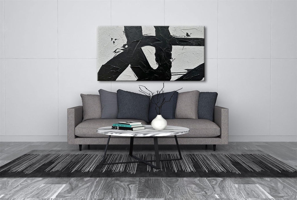 zoinart Hand Painted Large Wall Art, Black and White Textured Wall Art 30x60 Inches Modern Canvas Abstract Paintings Minimalist Artwork for Walls