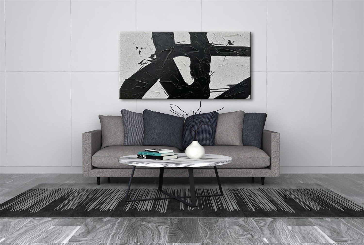 zoinart Hand Painted Large Wall Art, Black and White Textured Wall Art 30x60 Inches Modern Canvas Abstract Paintings Minimalist Artwork for Walls