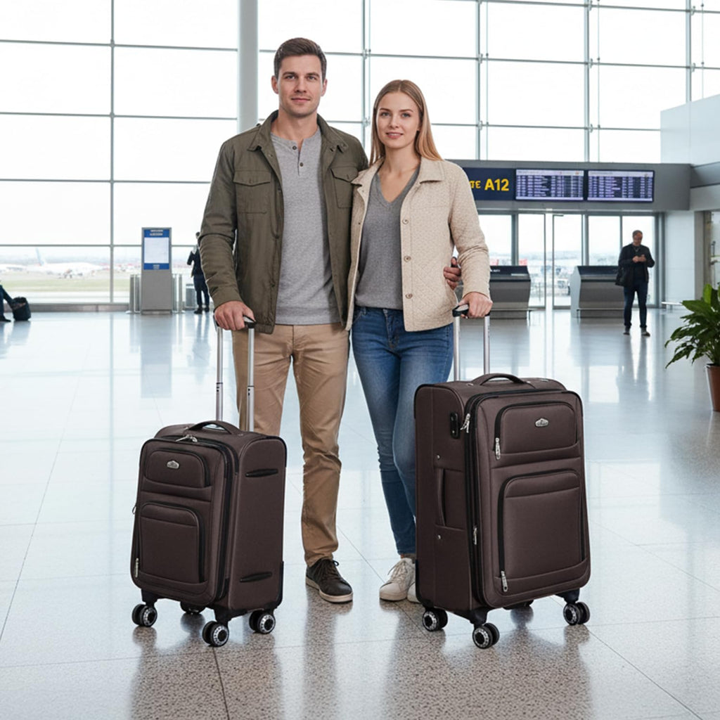 Softside Luggage Sets 2 Piece,Expandable 15% Lightweight Durable Suitcase Sets Double Spinner Wheels w/Combination LOCK （Coffee,20in/26in）