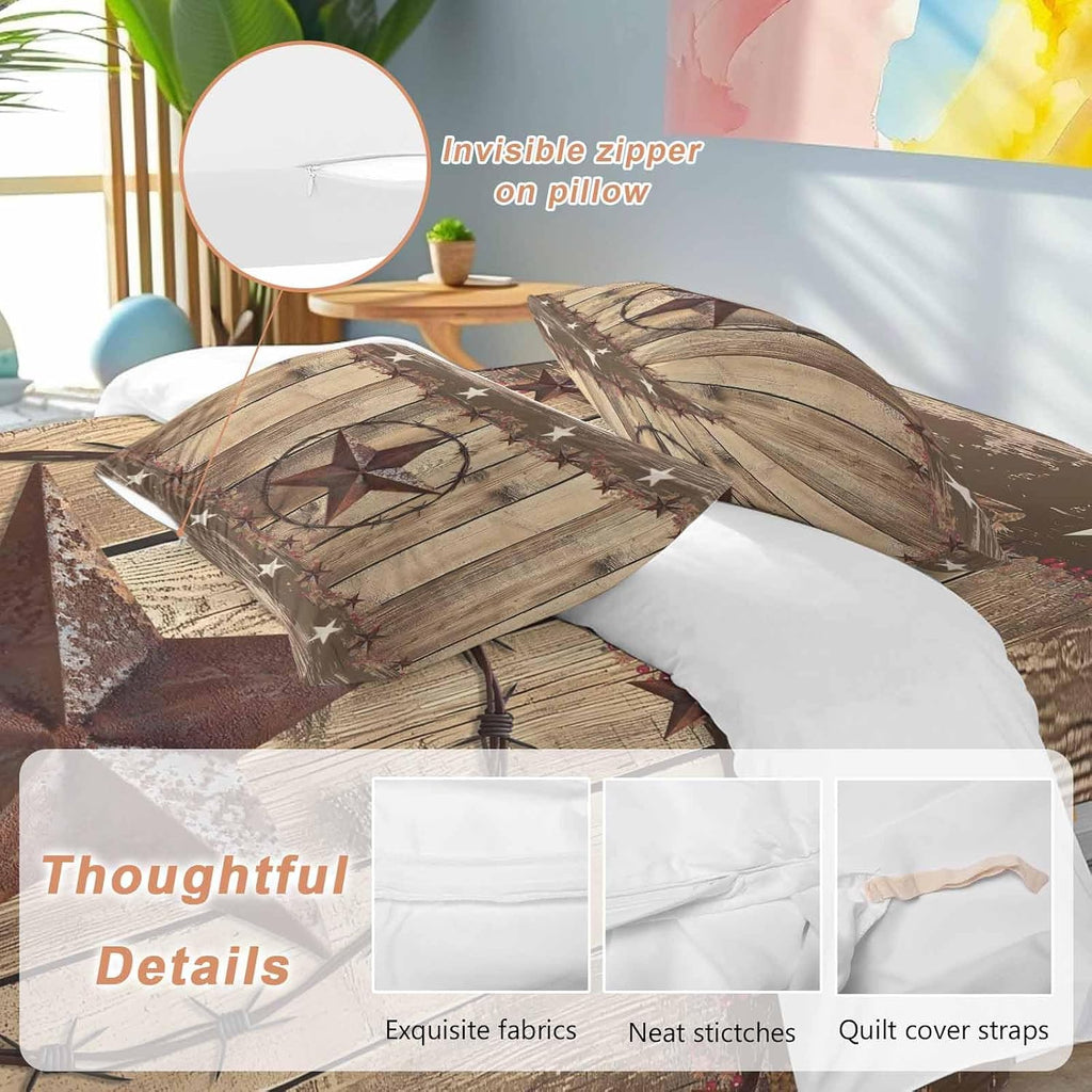 Vintage Duvet Cover Set Queen Size 4 Pieces Western Country Brown Texas Star Wood Grain Farmhouse Bedding Set with Zipper Closure, 1 Comforter Cover 86x86 Inches 1 Flat Sheet & 2 Pillow Cases