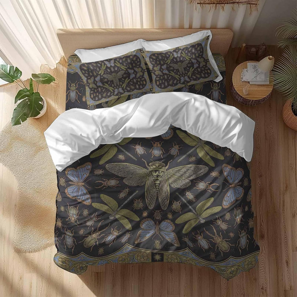 Retro Animal Duvet Cover Set Queen Size 4 Pieces Gold Dragonfly Butterfly Geometric Floral Black Bedding Set with Zipper Closure, 1 Comforter Cover 90x92 Inches 1 Flat Sheet & 2 Pillow Cases