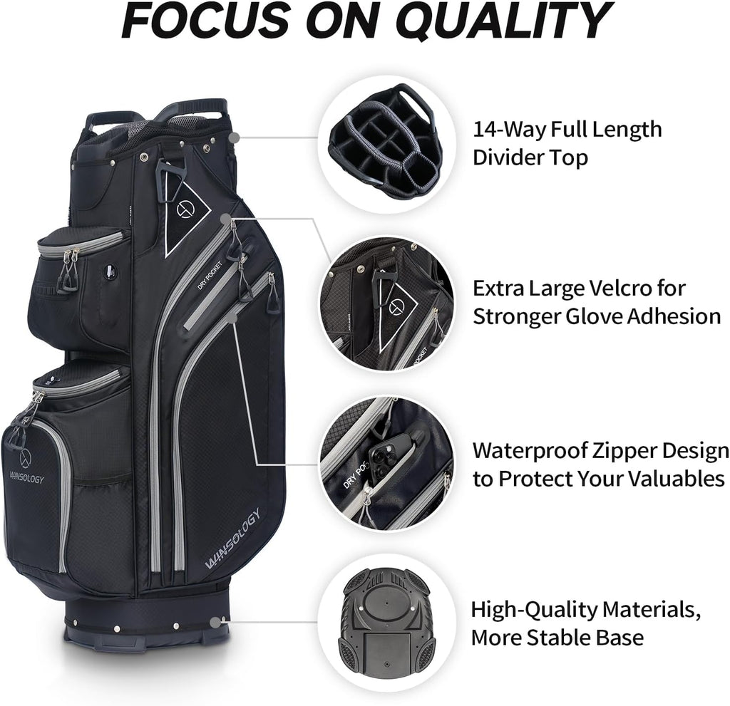 Max Lightweight Golf Cart Bag with Dual Handles and 14 Way Individual Full Length Dividers, Golf Club Bag with 11 Pockets, Large Putter Well, Double Strap Cooler for Men & Women