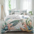 Summer Ocean Turtle Duvet Cover Set Queen Size 4 Pieces Nautical Colorful Sea Fish Octopus Coral Linen Bedding Set with Zipper Closure, 1 Comforter Cover 90x92 Inches 1 Flat Sheet & 2 Pillow Cases