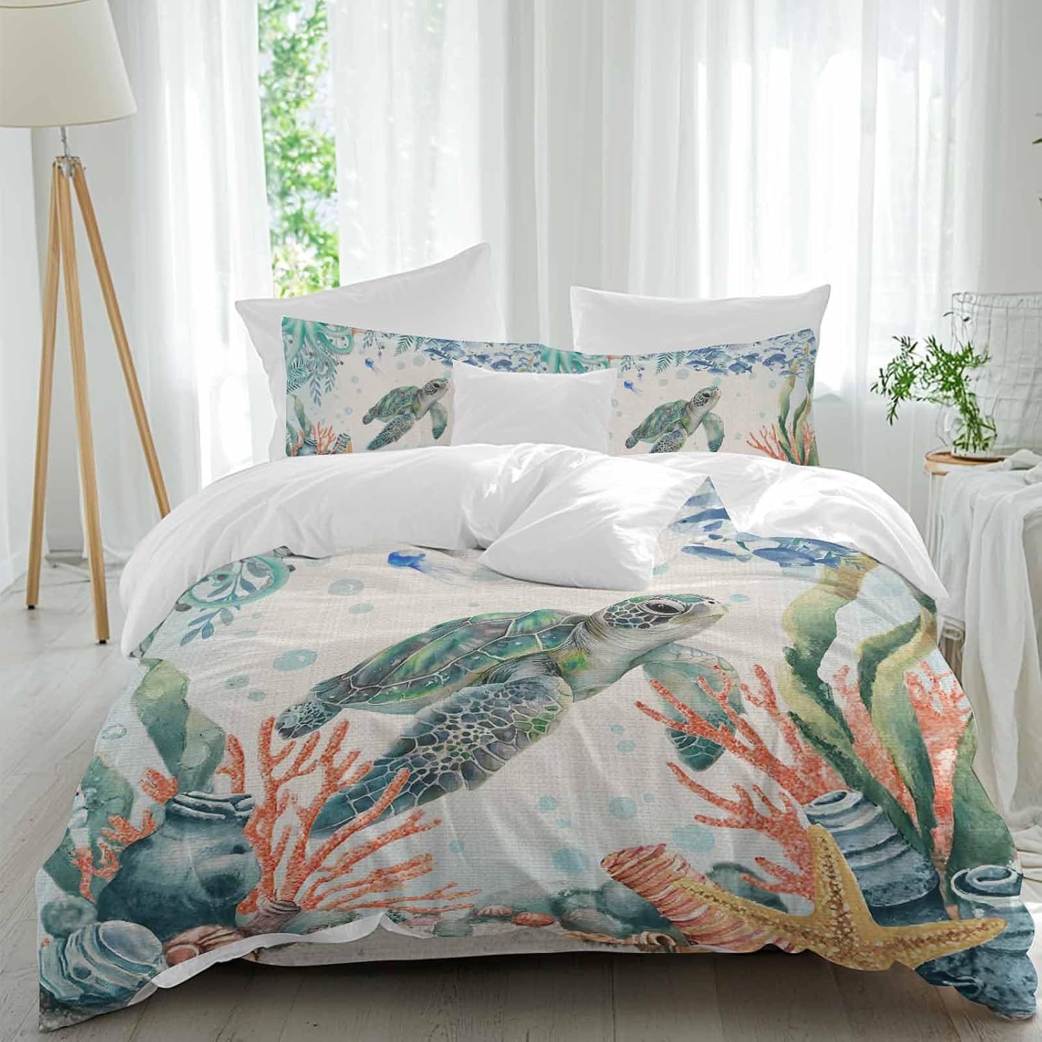 Summer Ocean Turtle Duvet Cover Set Queen Size 4 Pieces Nautical Colorful Sea Fish Octopus Coral Linen Bedding Set with Zipper Closure, 1 Comforter Cover 90x92 Inches 1 Flat Sheet & 2 Pillow Cases