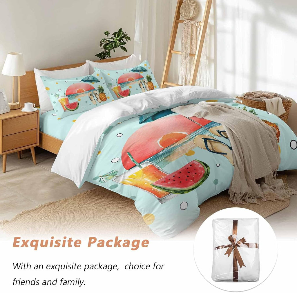 Summer Beach Duvet Cover Set Queen Size 4 Pieces Watermelon Pineapple Umbrella Polka Dot Blue Bedding Set with Zipper Closure, 1 Comforter Cover 86x86 Inches 1 Flat Sheet & 2 Pillow Cases