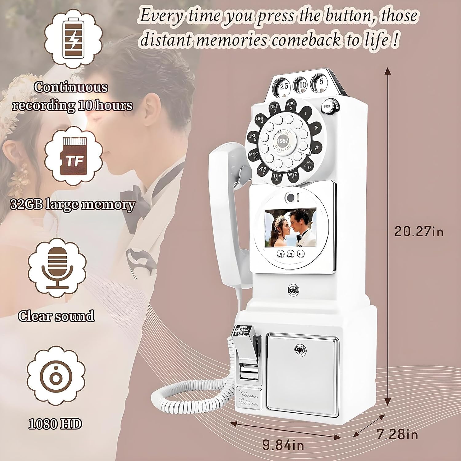 1080p Video Guestbook Wedding Phone,Wedding Phone Guestbook with Lens Recording,32G Memory Card,Retro 1960's Style Audio Guest Book,Creative Wedding Decorations(White)
