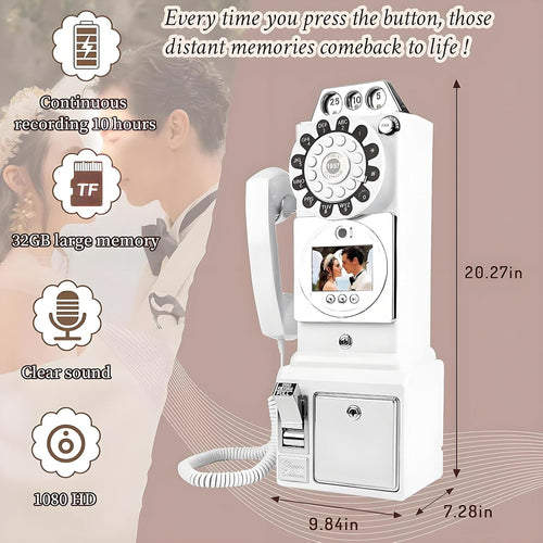 1080p Video Guestbook Wedding Phone,Wedding Phone Guestbook with Lens Recording,32G Memory Card,Retro 1960's Style Audio Guest Book,Creative Wedding Decorations(White)