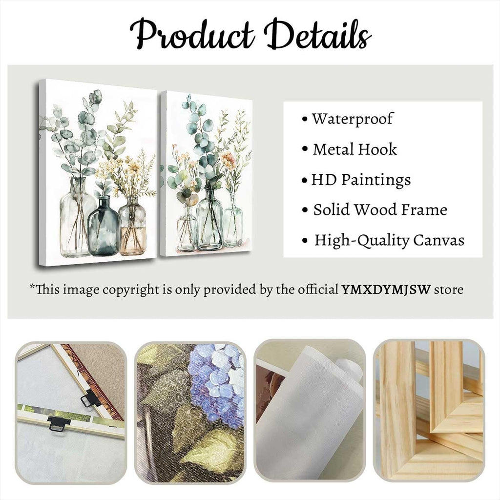 YMXDYMJSW 2 Piece Eucalyptus Sage Canvas Wall Art Green Floral Leaves Picture Prints Boho Wildflower Botanical Painting Sage Green Eucalyptus Plant Poster for Bathroom (24.00' x 36.00' x 2PCS)