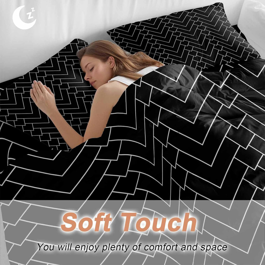 Prime Leader Abstract Line Duvet Cover Set Queen Size 4 Pieces Herringbone Black White Modern Simple Bedding Set with Zipper Closure, 1 Comforter Cover 90x92 Inches 1 Flat Sheet & 2 Pillow Cases