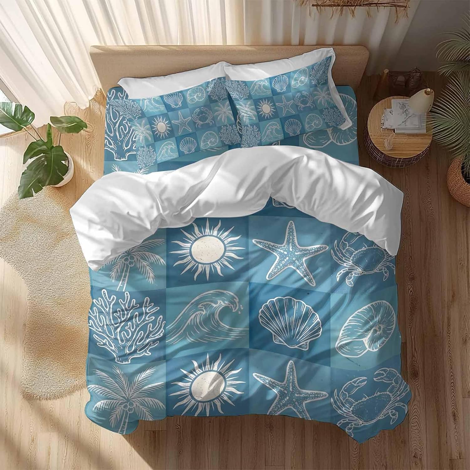 Prime Leader Blue Coastal Duvet Cover Set Queen Size 4 Pieces Summer Ocean Waves Shell Crab Coconut Tree Bedding Set with Zipper Closure, 1 Comforter Cover 86x86 Inches 1 Flat Sheet & 2 Pillow Cases