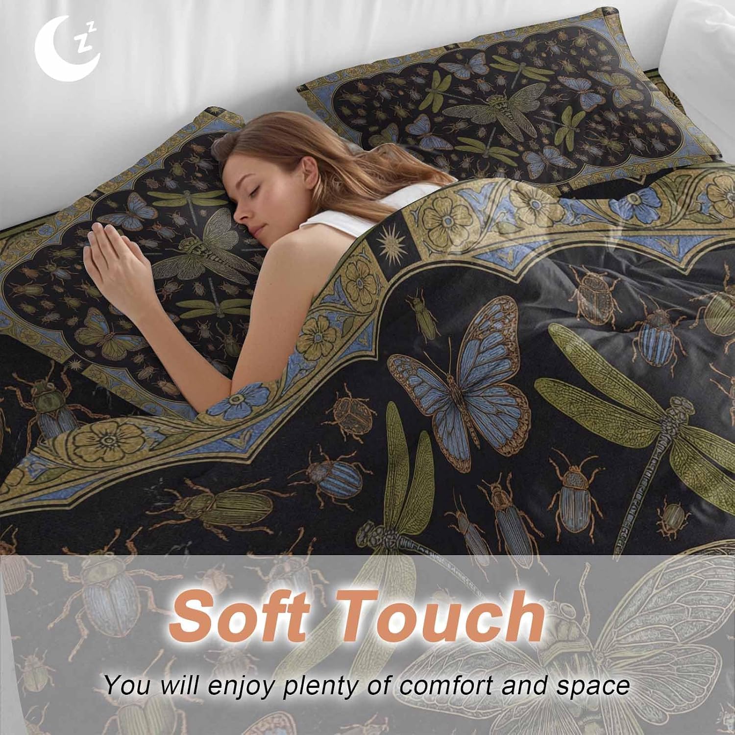 Retro Animal Duvet Cover Set Queen Size 4 Pieces Gold Dragonfly Butterfly Geometric Floral Black Bedding Set with Zipper Closure, 1 Comforter Cover 90x92 Inches 1 Flat Sheet & 2 Pillow Cases