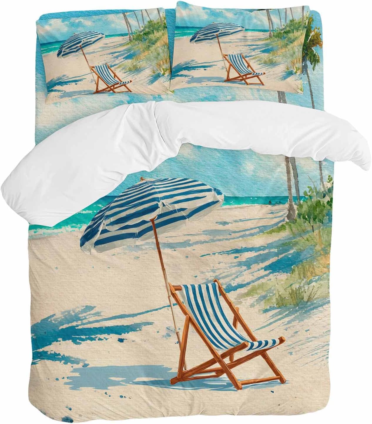 Summer Beach Duvet Cover Set Queen Size 4 Pieces Vintage Sunshade Lounge Chair Coastal Blue Striped Bedding Set with Zipper Closure, 1 Comforter Cover 86x86 Inches 1 Flat Sheet & 2 Pillow Cases