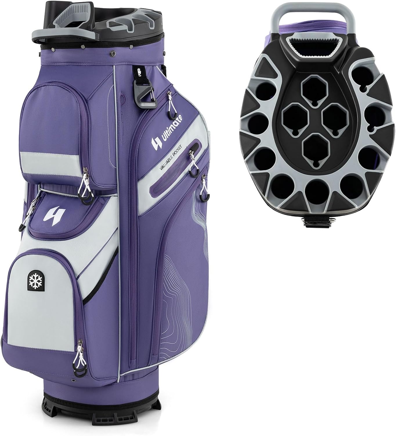 ULTIMATE 14-Way Golf Cart Bag, Golf Bag w/Molded Lock Top & Full Length Dividers, Portable Golf Club Bag w/11 Pockets, Cooler Bag, Padded Strap & Rain Hood for Men Women