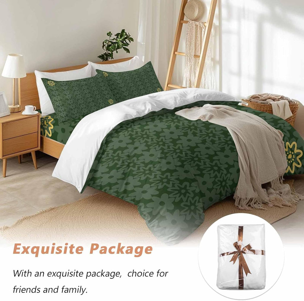 Prime Leader Flowers Duvet Cover Set Queen Size 4 Pieces Spring Green Yellow Daisy Floral Green Bedding Set with Zipper Closure, 1 Comforter Cover 92x106 Inches 1 Flat Sheet & 2 Pillow Cases