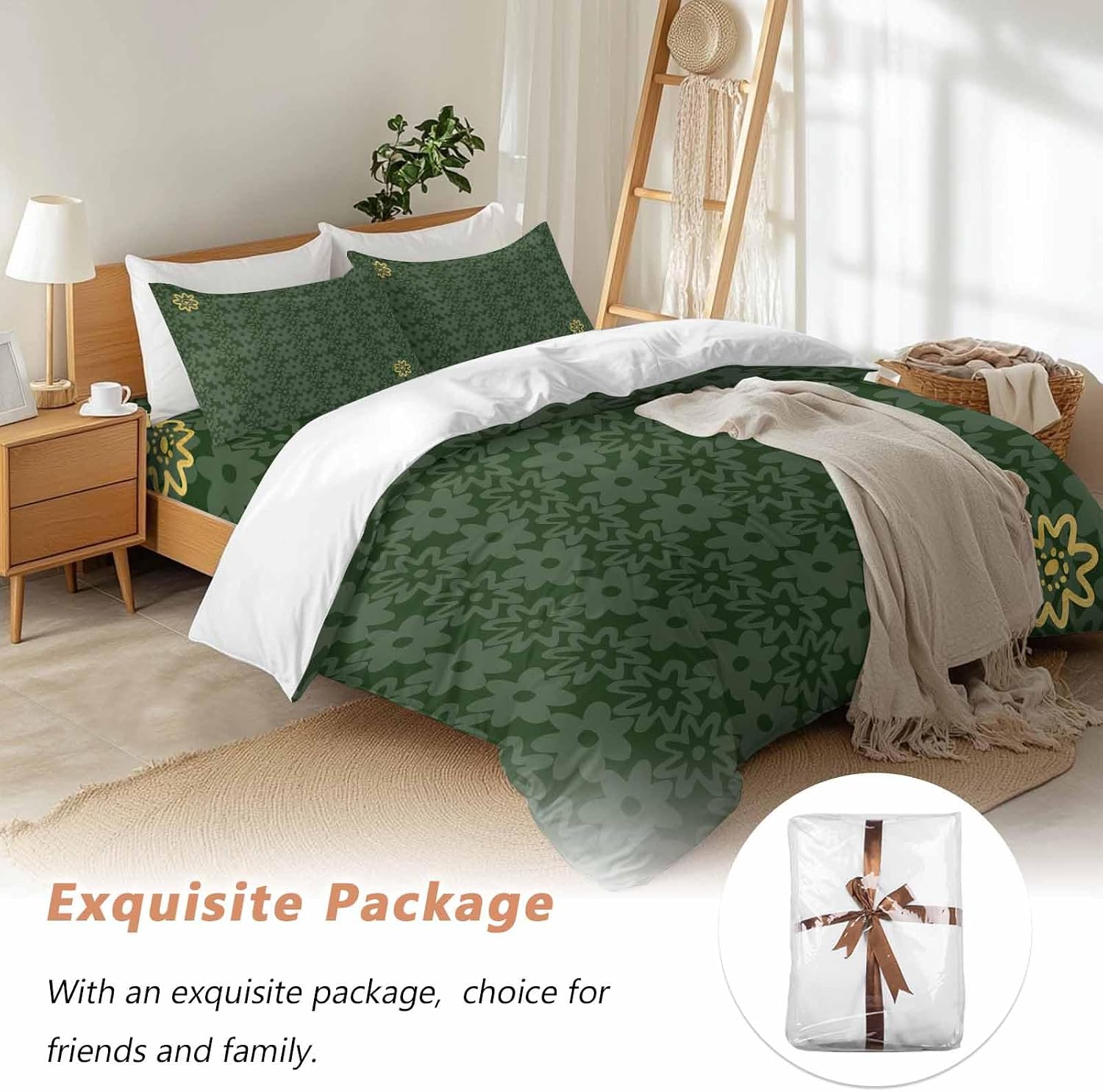 Prime Leader Flowers Duvet Cover Set Queen Size 4 Pieces Spring Green Yellow Daisy Floral Green Bedding Set with Zipper Closure, 1 Comforter Cover 92x106 Inches 1 Flat Sheet & 2 Pillow Cases