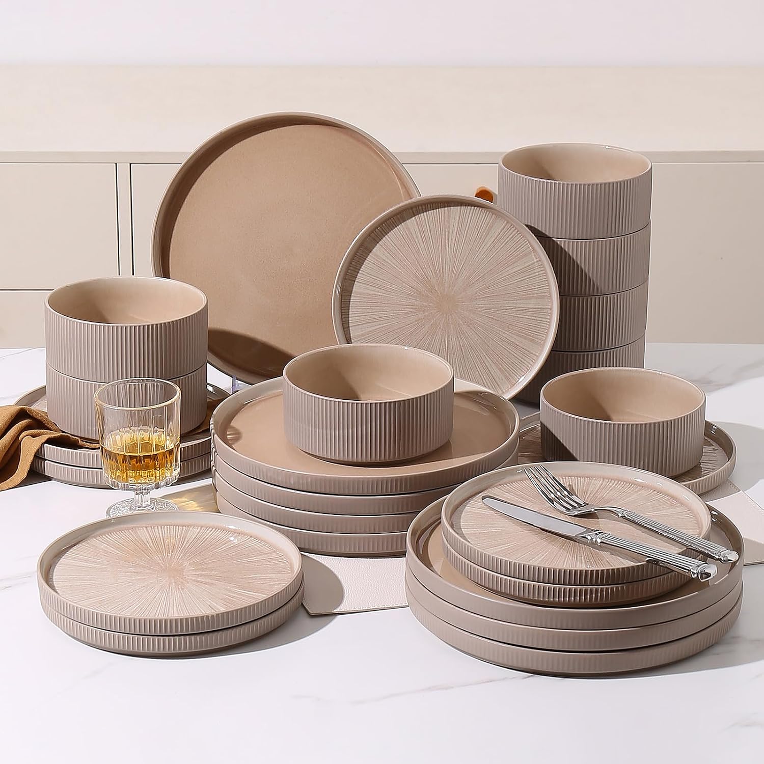 Dinnerware Sets, Ceramic Plates and Bowls Set 24 Piece Dinnerware for 8 Chip Resistant Stoneware with Advanced Inkjet Printing Technology, Dishwasher and Microwave Safe-Dusty Brown