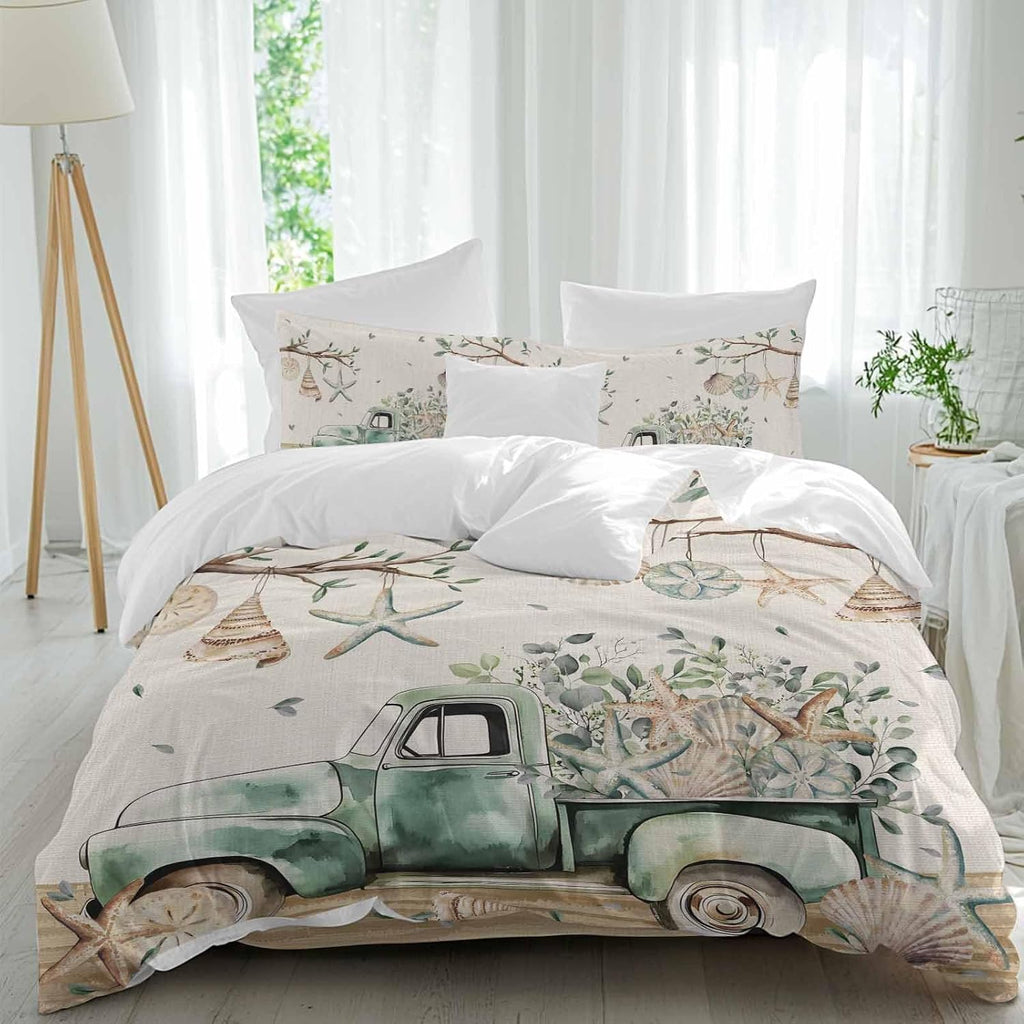 Prime Leader Sage Green Truck Duvet Cover Set Queen Size 4 Pieces Ocean Starfish Shell Summer Leaf Wood Bedding Set with Zipper Closure, 1 Comforter Cover 90x92 Inches 1 Flat Sheet & 2 Pillow Cases