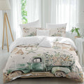 Prime Leader Sage Green Truck Duvet Cover Set Queen Size 4 Pieces Ocean Starfish Shell Summer Leaf Wood Bedding Set with Zipper Closure, 1 Comforter Cover 90x92 Inches 1 Flat Sheet & 2 Pillow Cases